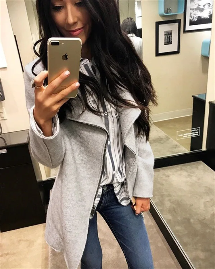 Koop Winterjassen Vrouwen Effen Grijs Rits Up Slanke Vrouwen Mix Jas Lange Mouw Vrouwelijke Onregelmatige Geul Overjas