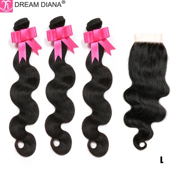

DreamDiana Body Wave Bundles With Closure 3 Bundles With Closure 1B 250g Non-Remy Brazilian Hair Weave Bundles With Closure L