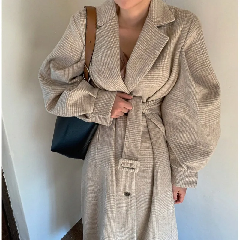 

Winter 2020 New Fashion Wool Coat Ladies Lantern Sleeve Single Breasted Lapel Check Plus Size Chic Woolen Coat