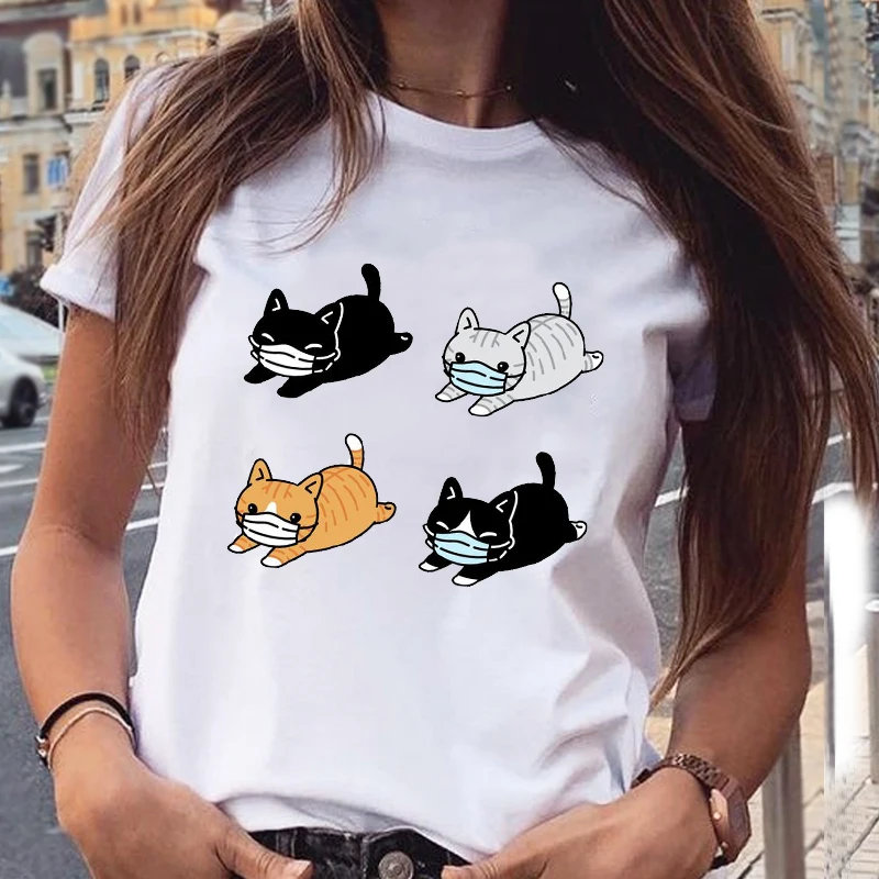 Women Graphic Cat Lovely Animal Fashion Short Sleeve Spring Summer Cartoon Print Female Clothes Tops Tees Tshirt T-Shirt