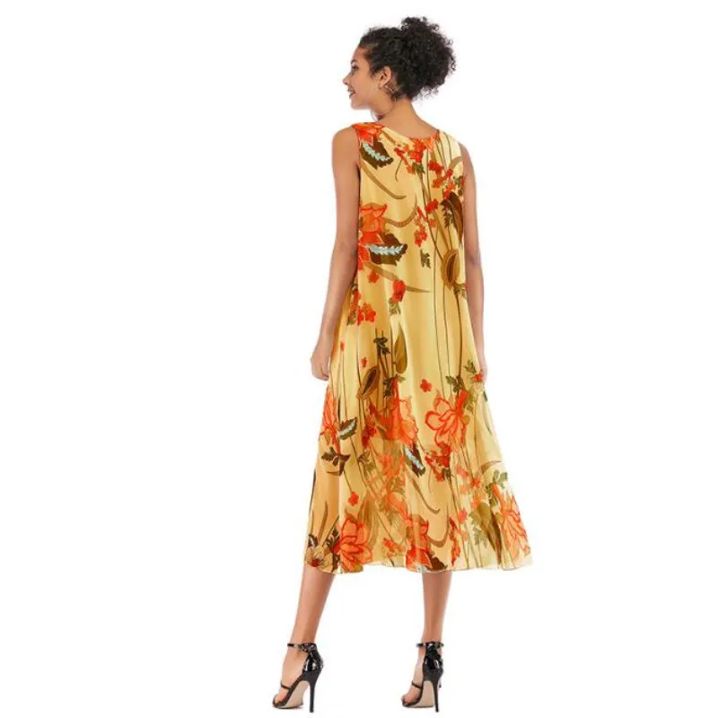 2020 Fashion Women Print Boho Floral Long Mid Dress Sleeveless Evening Party Summer Beach Sundress Robe