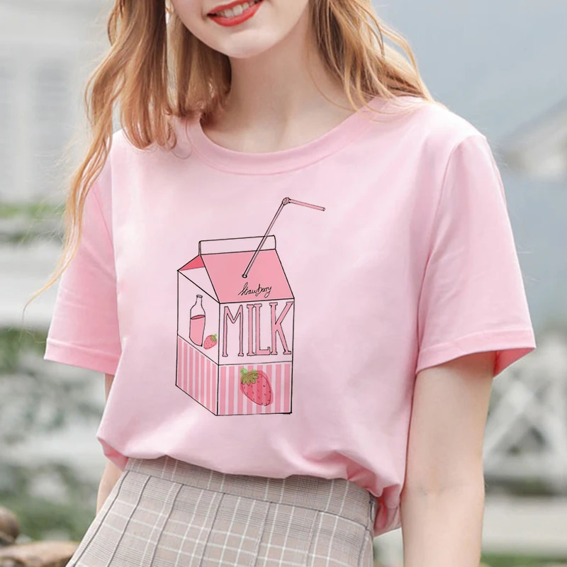 Summer New Pink Fashion Korean Style Women's Japanese Peach Juice Drink Print Harajuku Vogue Casual Loose Kawaii Female T Shirt