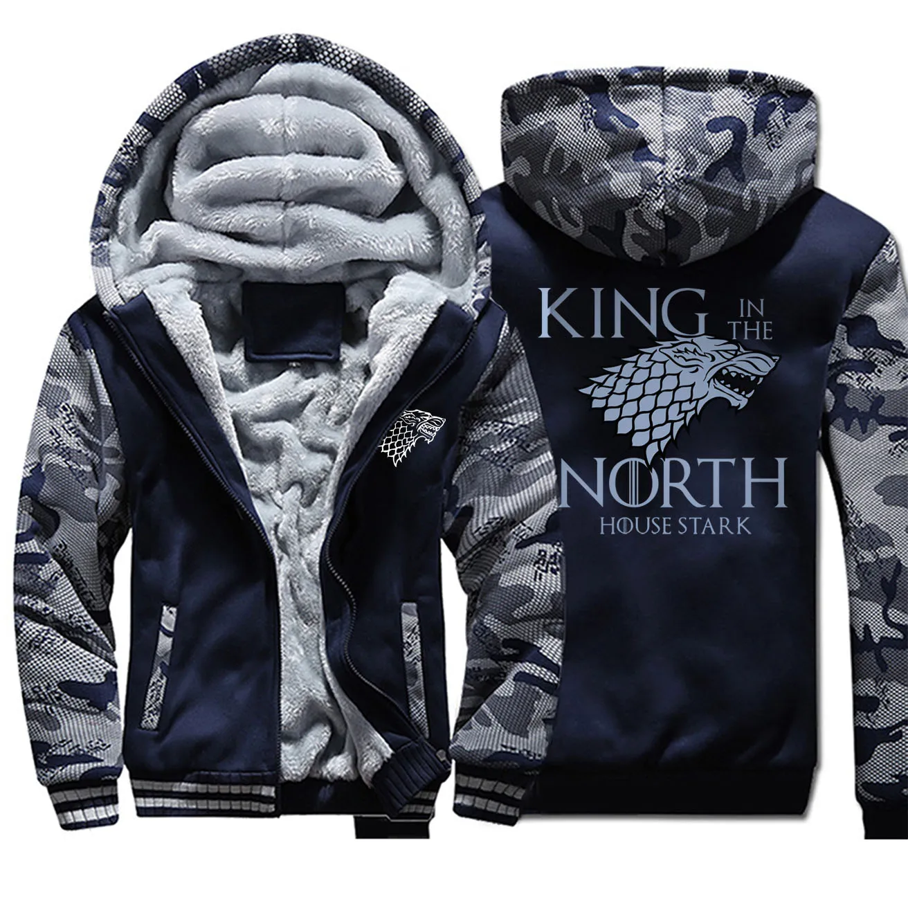 HOUSE STARK/мужские толстовки с капюшоном с надписью «KING IN THE NORTH», мужская куртка, зимние камуфляжные Утепленные Пальто, Мужская брендовая одежда, верхняя одежда