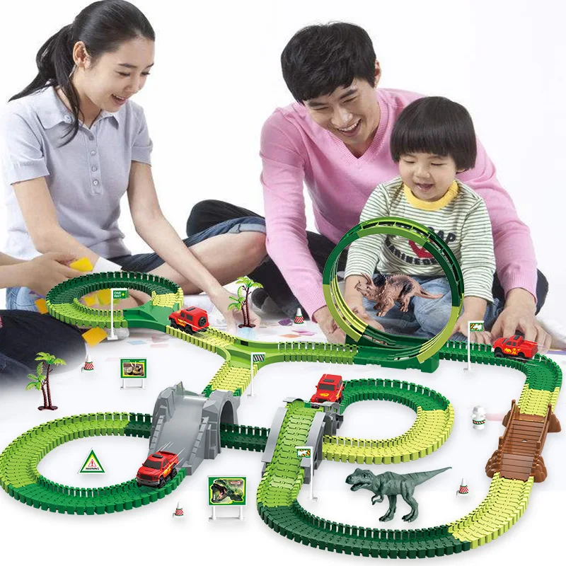 

2019 HOT selling Electric Dinosaur toys Railway Magical Racing Track toy set DIY Magicl tracks Car toys Race tracks for boy
