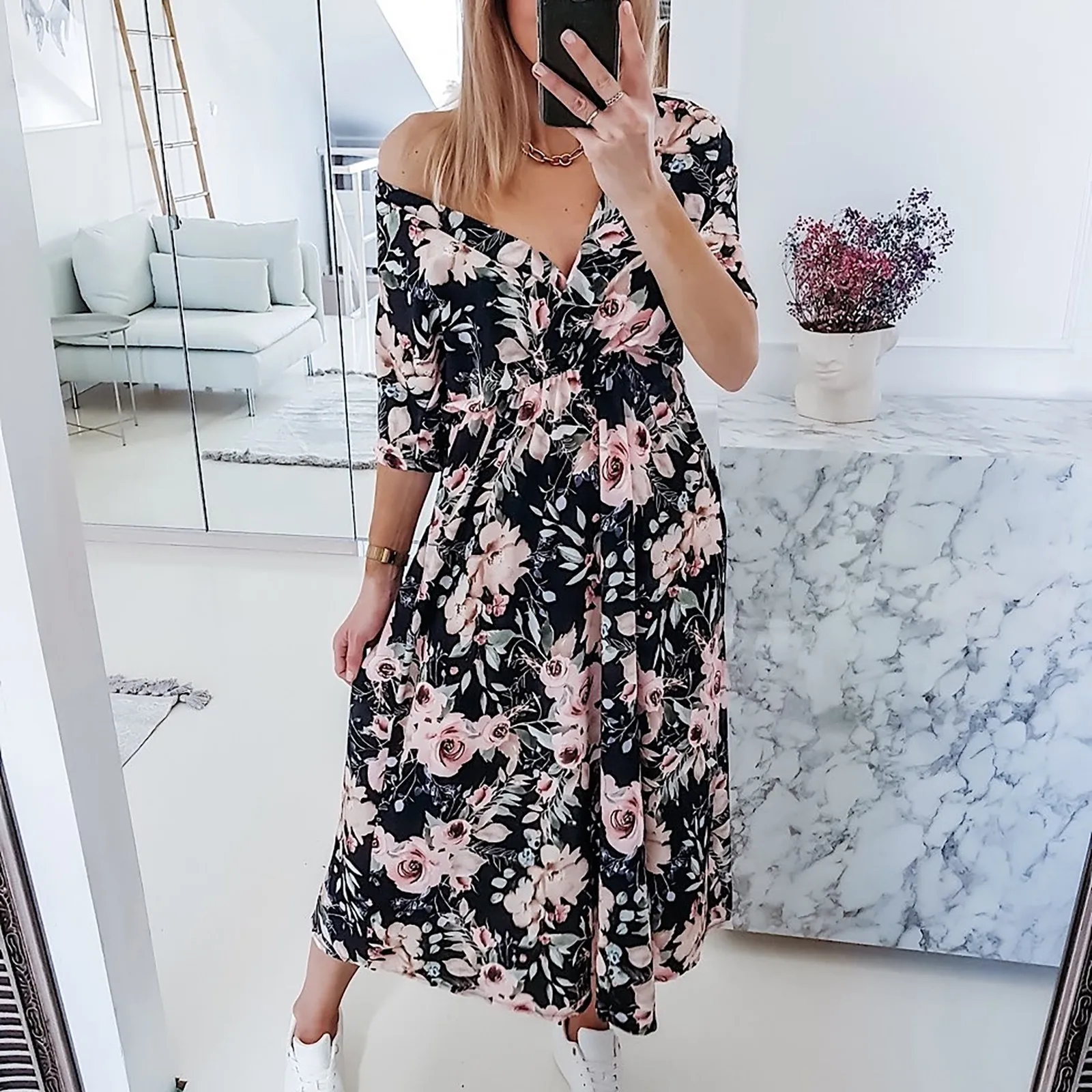 Fashion summer women's dress 2021 Women's V-neck Casual Loose Short-sleeved Dress Vintage Floral Print Belt  Princess Vestido 1
