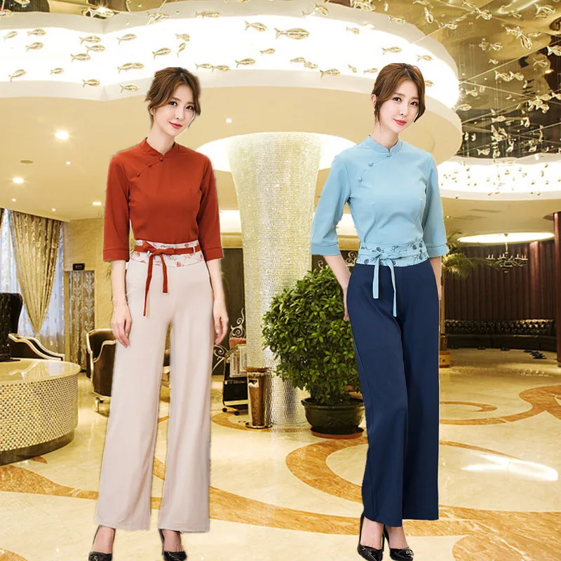 

Retro Chinese Style Tea Service Beauty Salon Work Suit Spa Pedicure Foot Bath Health Museum Uniform Female Spring Summer And Aut