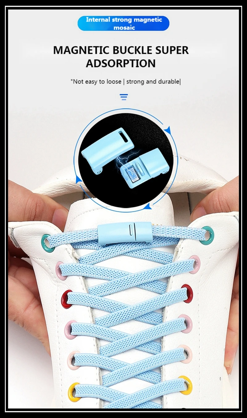 1 Paar Schnürsenkel ohne Binden für Sneaker, farbige magnetische Schnürsenkel mit Verschluss, elastische flache Schnürsenkel, einfache Installation, Metallknopf – Detail 5
