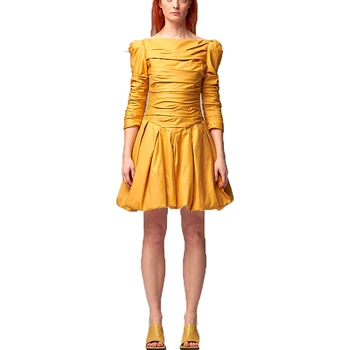 

DEAT 2020 new spring and summer full sleeves pleated slash collar pleated ball gown high waist dress female vestido WL26807L