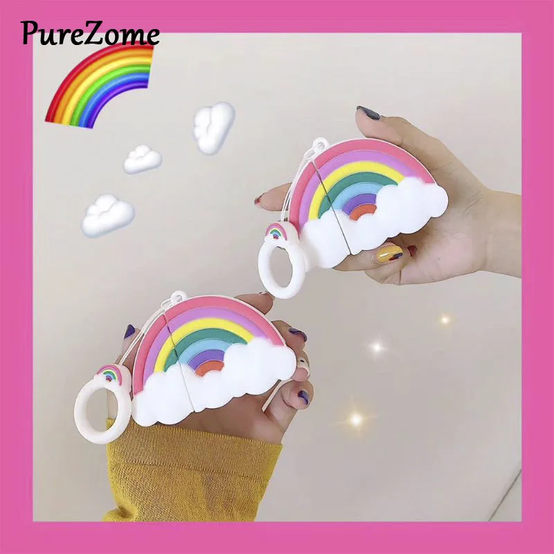 

Beautiful Rainbow Pattern Protective Case Anti-fall Soft Silicone Cover Skin Protector with Lanyard for Airpods 1/2 Charging Box