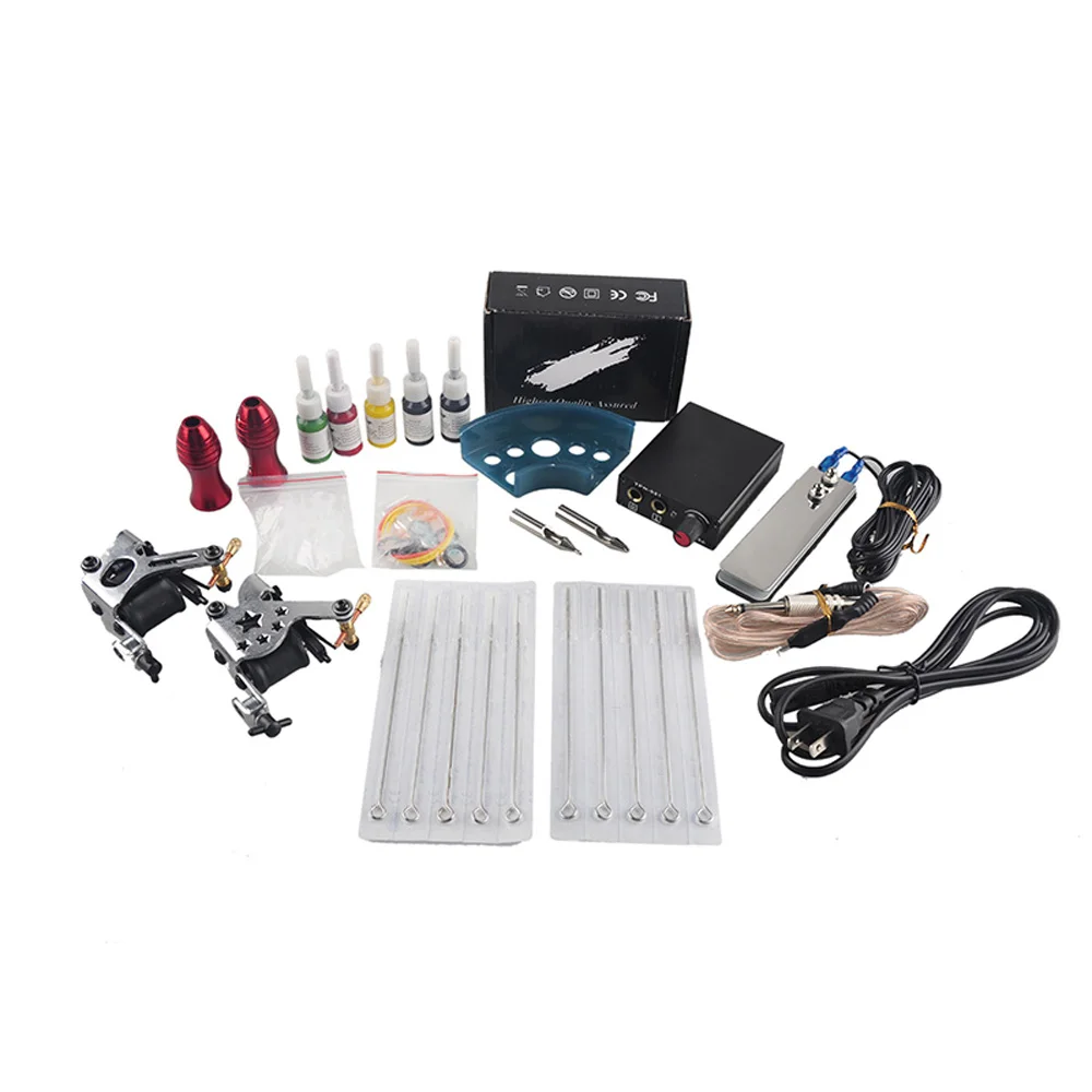 

Complete Tattoo Machine Kit Set 2 Coils Guns 5 Colors Black Pigment Sets Permanent Makeup Power Tattoo Beginner Grips Kits