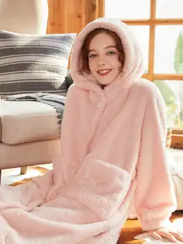 

Ladies Girls Cute Nightdress Solid Color Long Sleeve Soft Plush Hooded One-Piece Winter Robe Keep Warm Nightwear