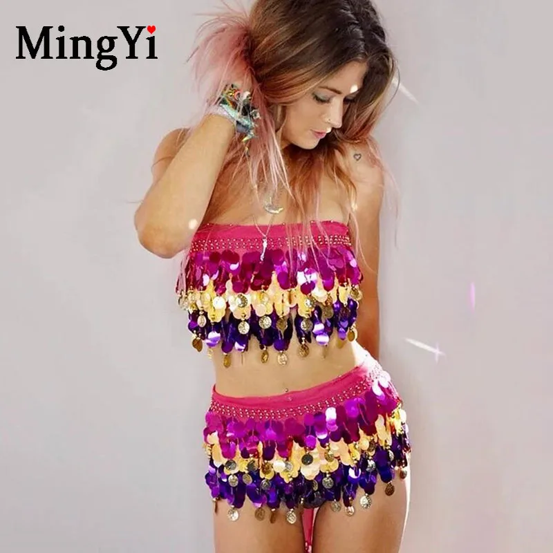 Сексуальная Яркая юбка с блестками для танца живота, расшитые блестками и бисером, с кисточками, топ-труба, хип-шарф, пляжная мини-юбка, праздничные вечерние платья для ночного клуба