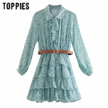 

2020 summer leopard printing t-shirt dress cascading ruffles pleated hem mini dress lantern sleeve