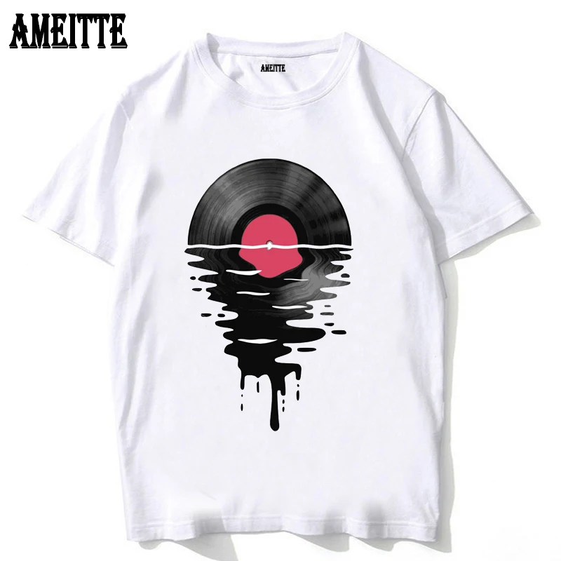 Винтажная виниловая футболка с изображением заката волны и пластины LP летняя