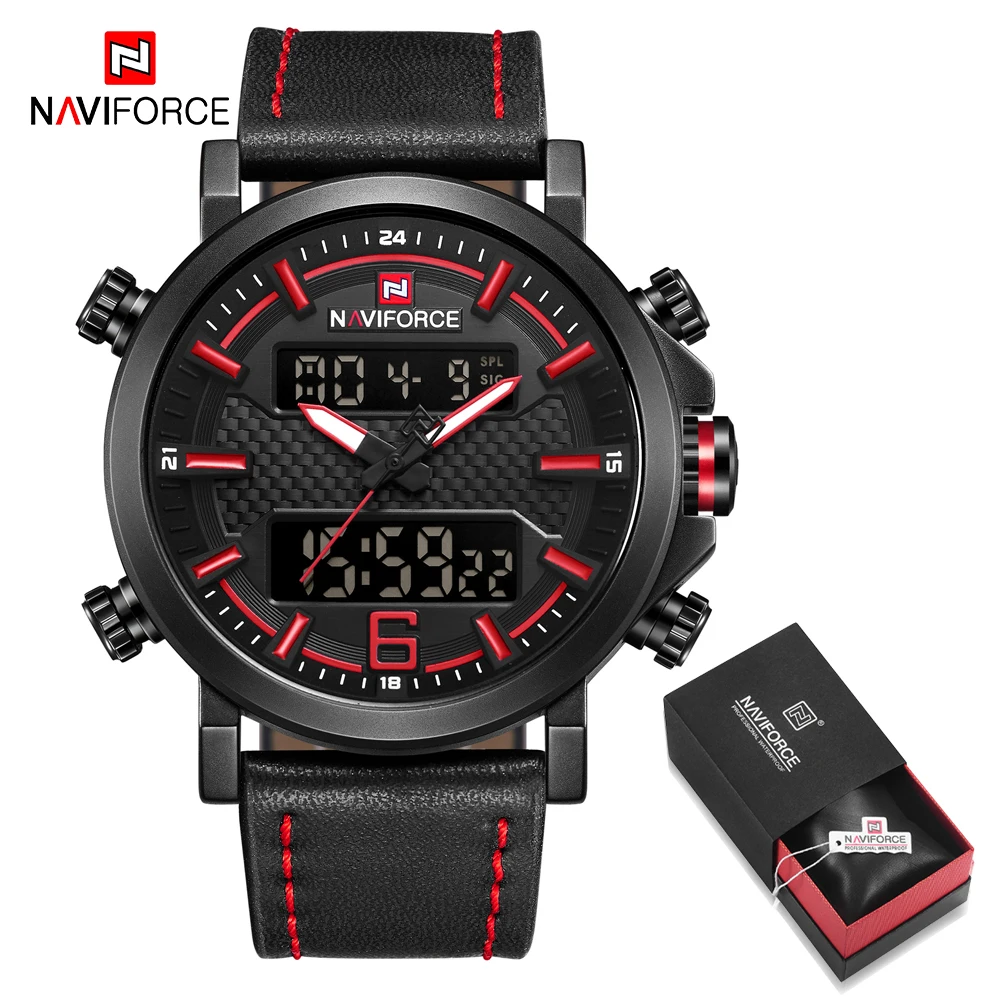 Black Red in Box Люксовый бренд NAVIFORCE военные мужские s часы мужские Дата светодиодный аналоговые часы цифровые часы мужские кожаные водонепроницаемые кварцевые наручные часы - Цвет: Black Red in Box