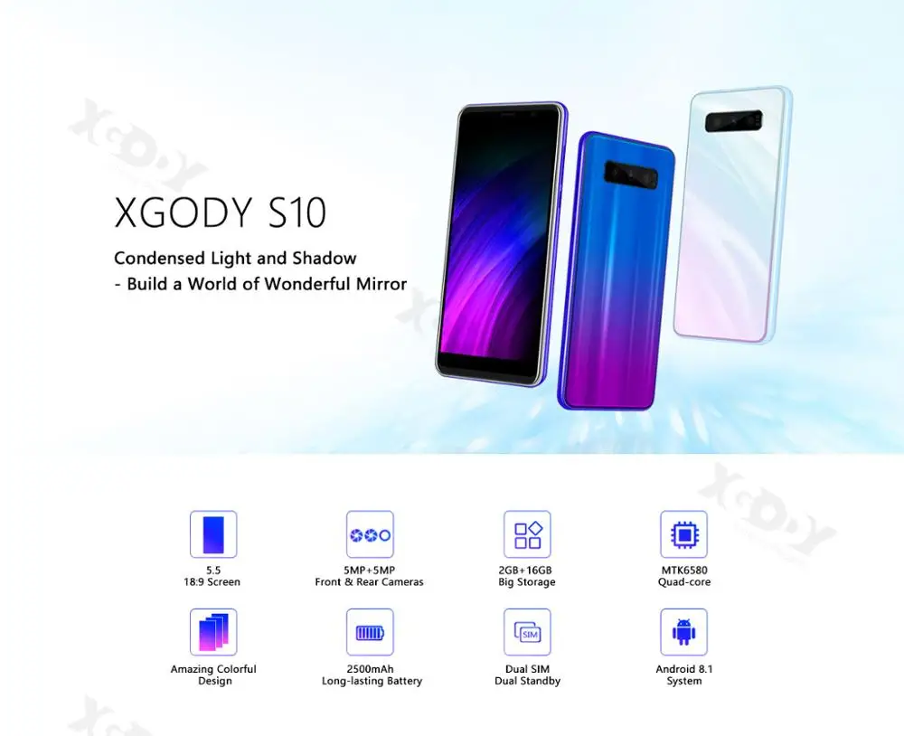 XGODY 5.5 inch 3G Mobile Phone 18:9 RAM 2GB ROM 16GB MT6580 Quad Core Dual Camera 2500mAh Android 8.1 Smartphone
