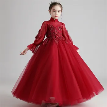 

3~14T Girls Children Elegant Wine-red Color Standing-Collar Birthday Wedding Party Princess Mesh Dress Kids Host Dress Clothes