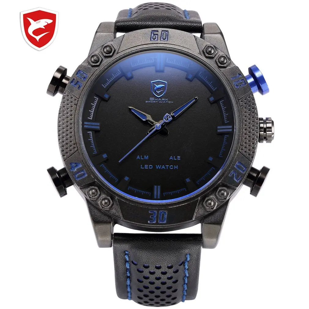 

SH261 Kitefin Shark Sport Watch Brand Mens Military Quartz Red LED Hour Analog Digital Date Alarm Leather Wrist Watches Relogio