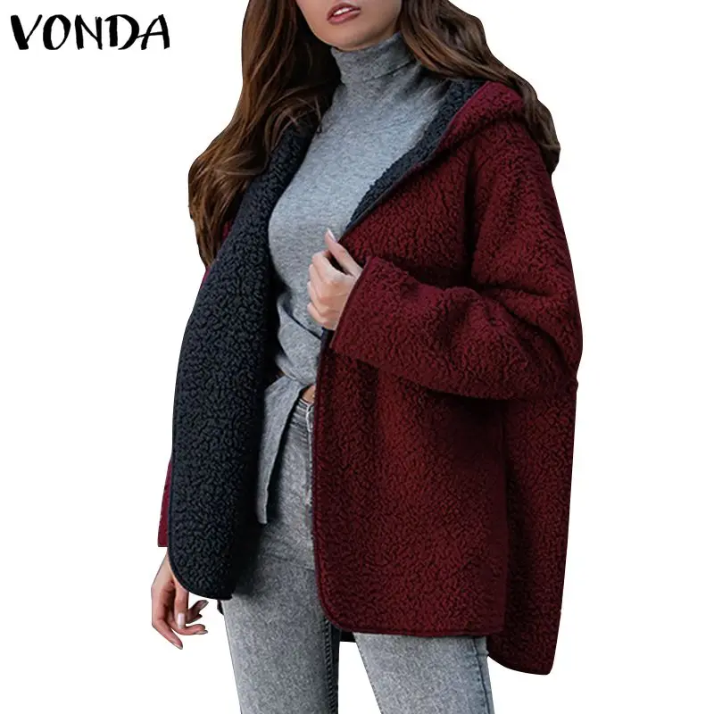 VONDA женские теплые пальто из искусственного меха осень зима пальто с капюшоном куртки длинный рукав толстый флисовый кардиган, большие размеры пальто - Цвет: Red