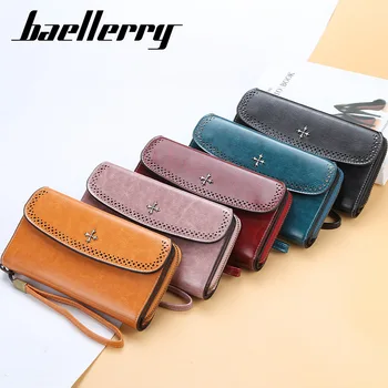 

Baellerry Women Long Slim Wallet Oil Wax Leather Wallet Multi-card Clutch Fashion Fastener Zipper Hand Bag Luxury Designer Louis