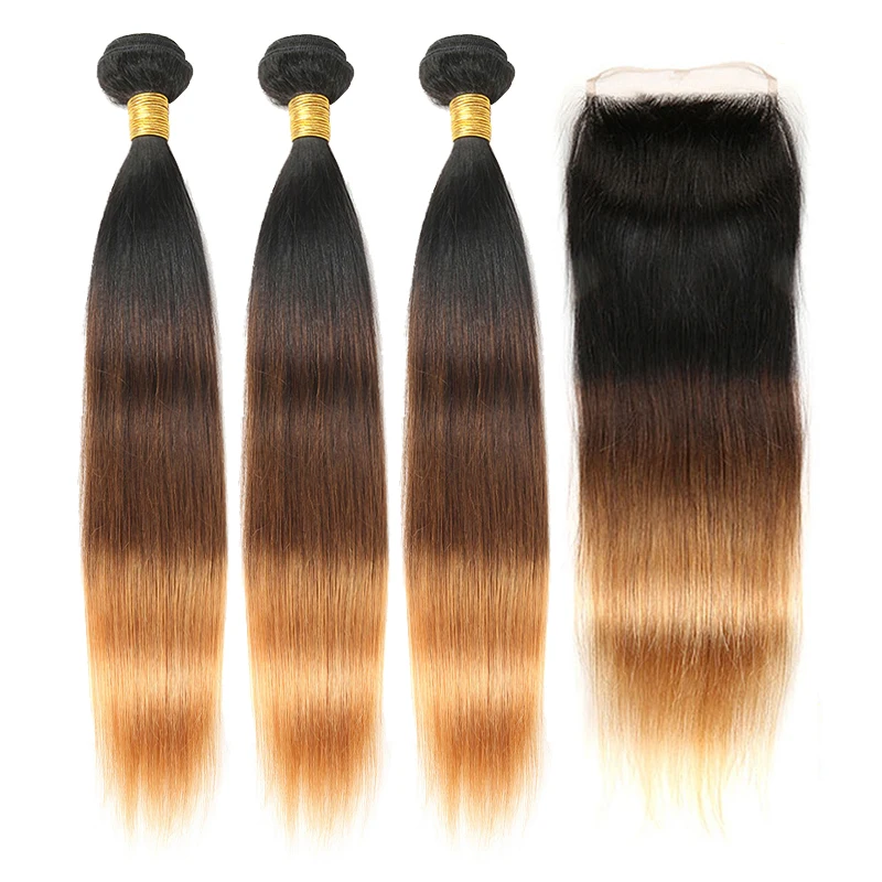 

Ombre Straight Hair Bundles with Closure 1B/4/27 Honey Blonde 3 Bundles Brazilian Human Hair with Closure Remy Hair Extensions