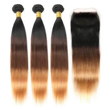 

Ombre Straight Hair Weave Brazilian Human Hair Bundles With Closure 1B 4 27 Remy Bundles Hair Extensions Zing Silky Hair Vendors