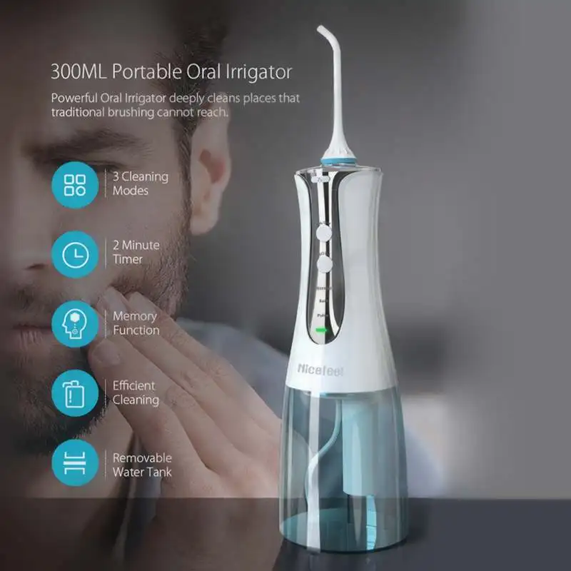 

Nicefeel 3 Modes Cordless Oral Irrigator USB Rechargeable Water Dental Flosser Waterproof Teeth Cleaner with 2 Jet Tips 300ml