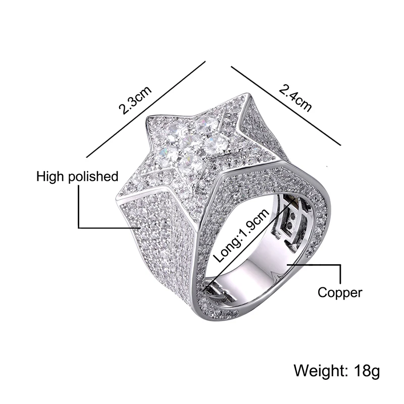 Хип хоп Полный CZ кубический циркон Шарм Iced Out Bling Tready Звезда медь циркон кольцо для мужчин женщин ювелирные изделия золото серебро