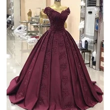 Бальное платье на заказ бальные платья бордовые атласные бисерные аппликации с плеча Пышное платье для выпускного вечера de 15 anos