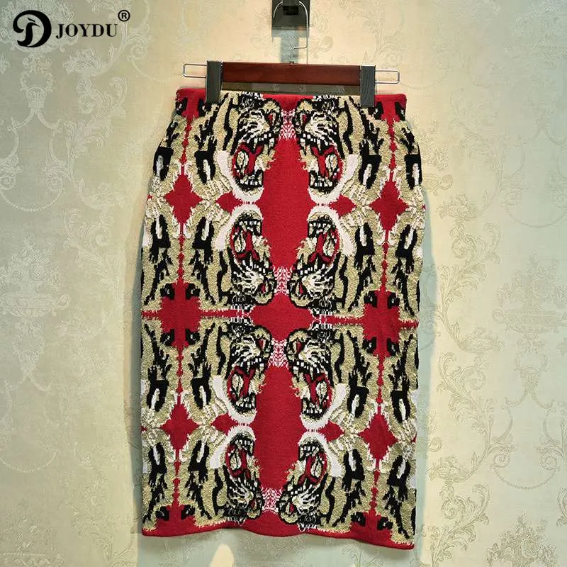 

JOYDU Runway Vintage Skirt Gold Thread Embroidery Tiger Head Red High Waist Midi Skirt Elegant Womens Skirts saia jupe faldas