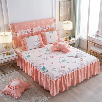 

Home Textile 100% Cotton Bed Skirt Bed Linen Lace Bedspread rabbit Cartoon Bed Cover Twin Full Queen Size