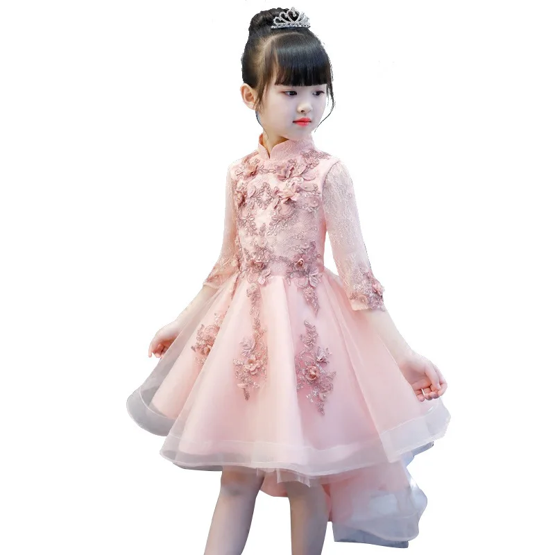 

Mingli Tengda Pink Lace Flower Gril Kids Evening Dresses High Neck High Low Wedding Party Dress For Child Sexy Children Images