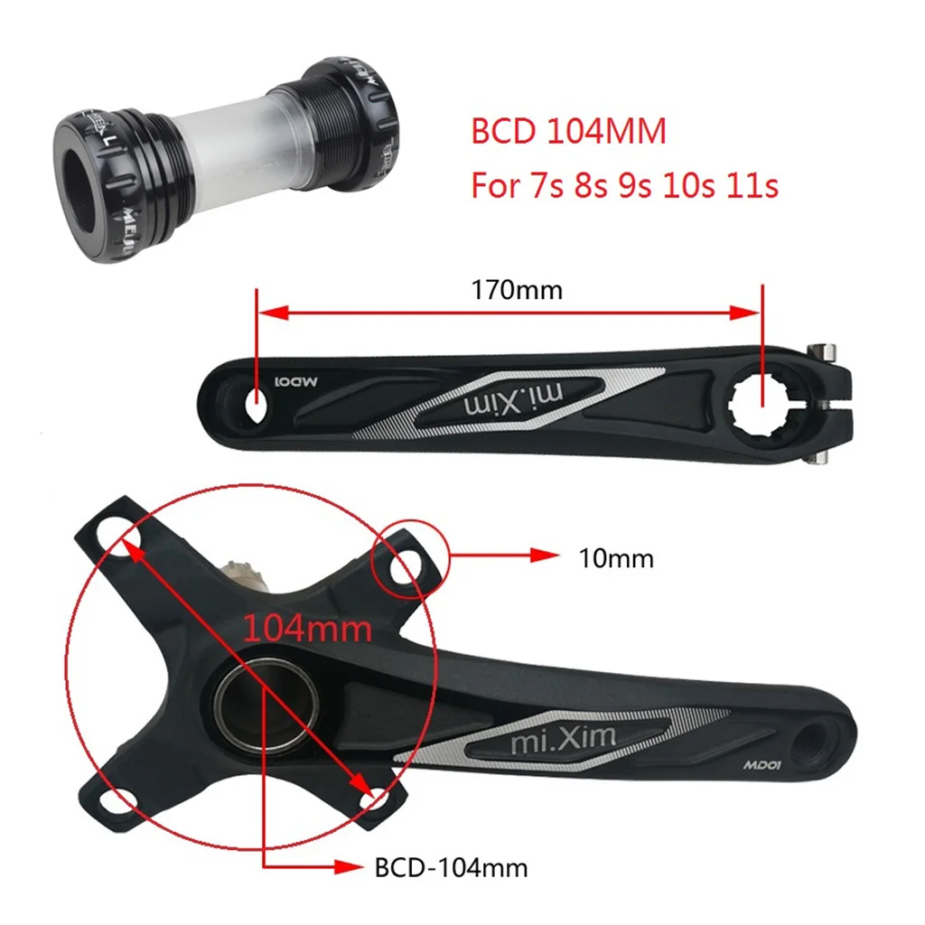 mi.Xim Mountain Bike Crankset 170mm BCD 104 + Bicycle Crank Sprocket Bottom Bracket Kit for 7/8/9/10/11 Single Speed Bike