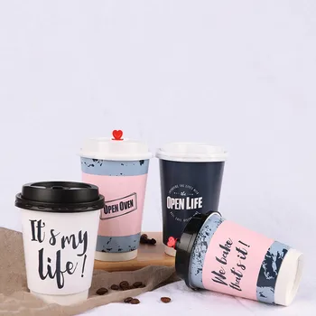 

50pcs European style creative disposable coffee cup party favor double layer hollow anti hot drink paper package cup with lid