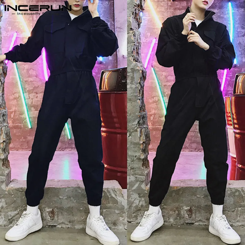 

INCERUN Men's Suit Solid Color Jumpsuit Hip Hop Collar Japanese Retro Long Sleeve Overalls Thin Section 2019 Nine-Piece Jumpsuit