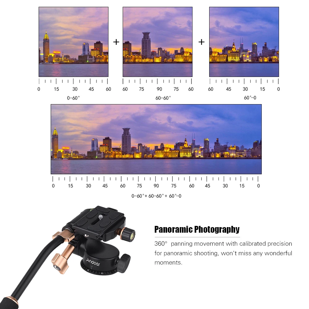 RU Andoer Q08S Tripod Head 360 Panoramic Shooting 3-Way Damping DSLR Camera Tripod Monopod Head with Pan Bar Handle
