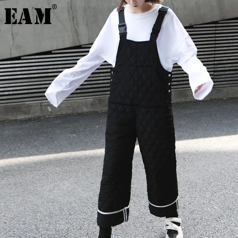 [EAM] Loose Fit Women Striped Cotton-padded Jumpsuit New High Waist Pocket Stitch Pants Fashion Spring Autumn 2020 19A-a328