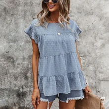 Aliexpress - 2021 Women Summer Ruffles Short Sleeve T-Shirts Crewneck Swiss Dot Chiffon Flowy Tunic Tops Solid Color Pleated Flared Blouse