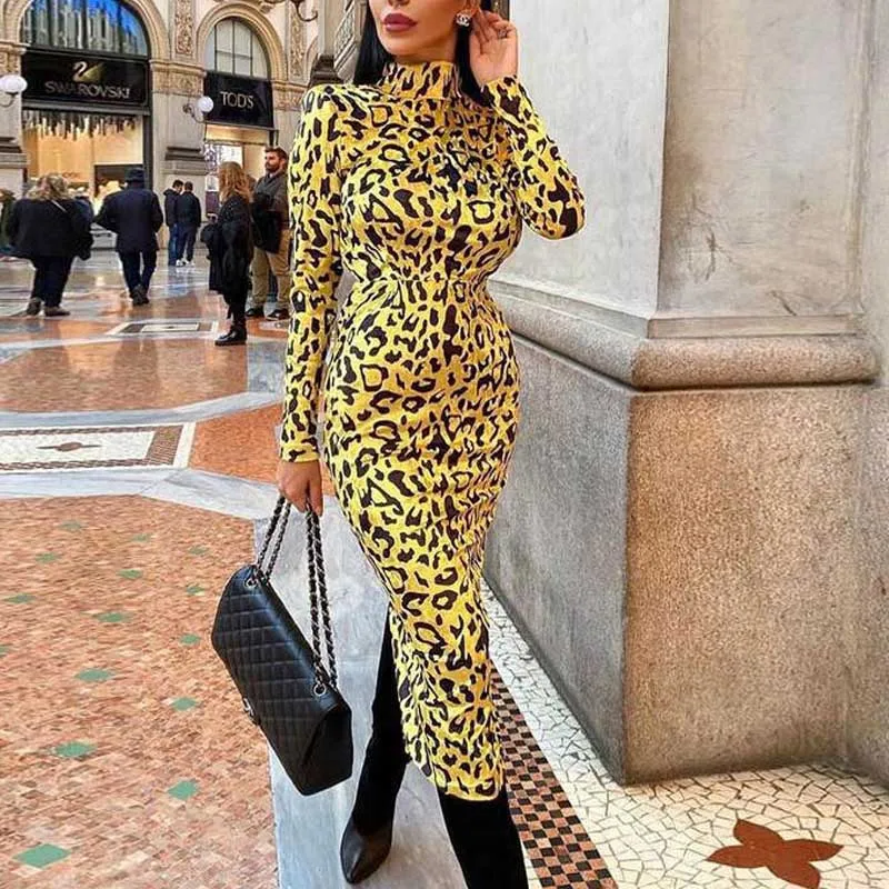 Women Sexy Vestidos Stand Neck Leopard Print Bodycon Long Sleeve Dress Party Club Midi | Женская одежда