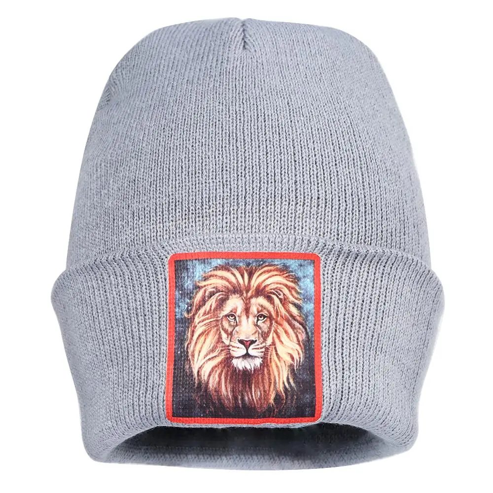 

Ribbed Knitted Hat Skullies Thick Warm Winter Pompom Hip-hop Snap Slouch Lion Print Grey Bonnets Unisex Men's Hats Good Elastic