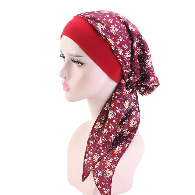 Muslim Women Print Cotton Turban Hat Headscarves Pre-Tied Cancer Chemo Headwear Bandanas Headwrap Caps Wine Red Floral