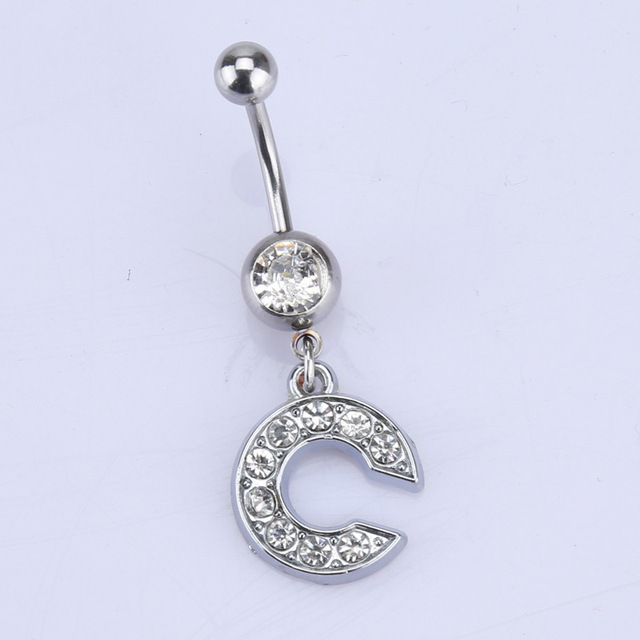 26 letter style Charming Body Piercing Crystal Rhinestone Inlaid Navel Belly Button Ring stainless steel jewelry