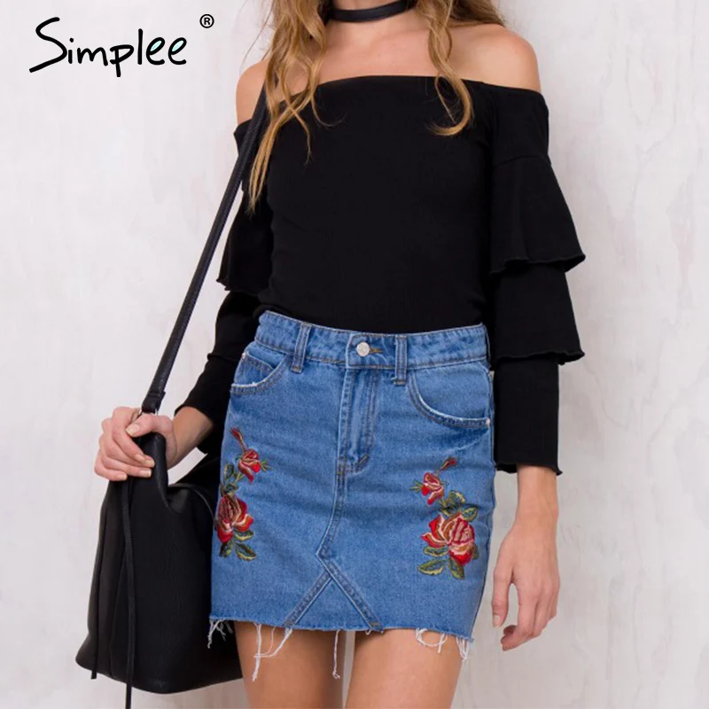 Simplee повседневные цветочные юбки Джинсовая с вышивкой женские прямые высокой