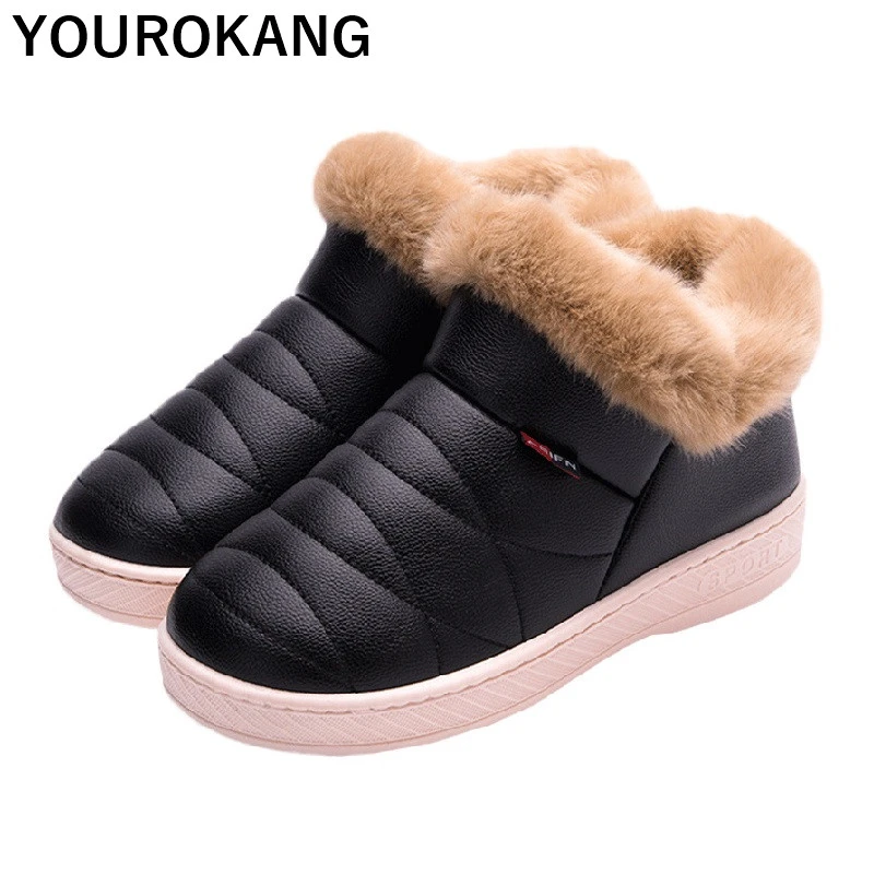 

Winter Men Shoes Warm Plush Waterproof Ankle Boots Soft Cotton PU Leather Couple Snow Boots Lovers Plus Size Furry Home Slippers