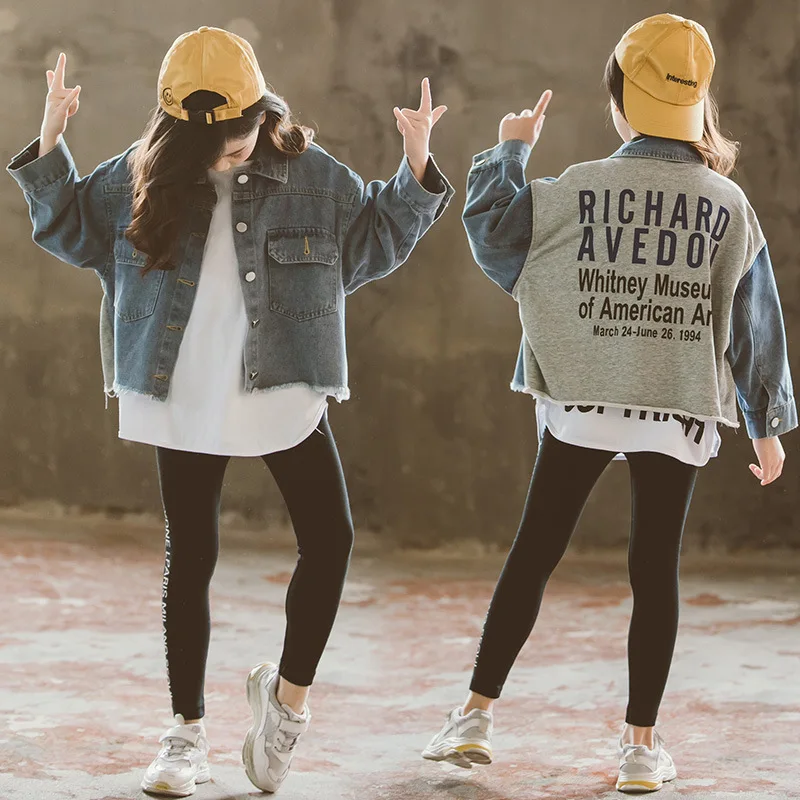 

Kids Denim Jacket for Girls 2019 Spring Letter Patchwork Teenager Girls Jeans Coat Outerwear Jacket Children Clothes 12 14 Year
