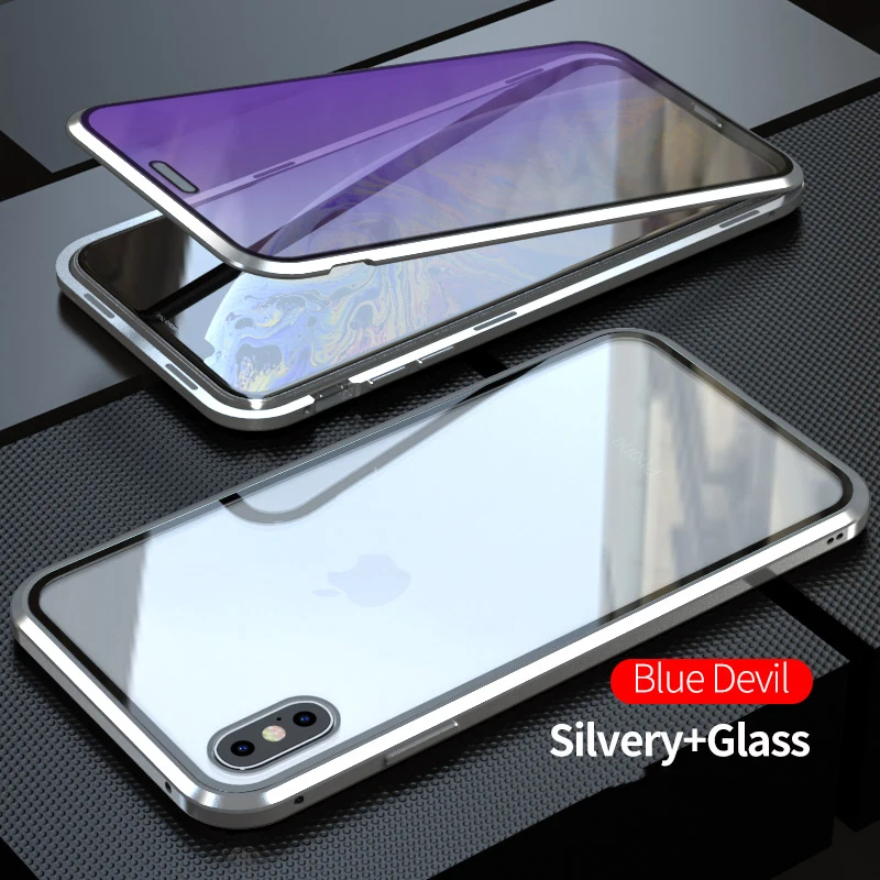 Чехол для Apple iPhone X XS MAX XR 8 7 6s Plus, анти-синий светильник, экран и заднее закаленное стекло 360, полная защита, металлический чехол - Цвет: Серебристый