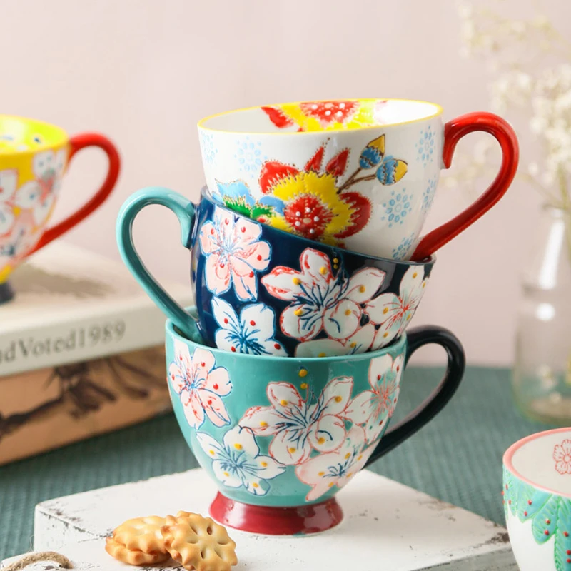 Creative Hand Painted Ceramic Coffee Mug Embossed Pattern Breakfast Milk Cup Personalized Household Tea Cups Tazas