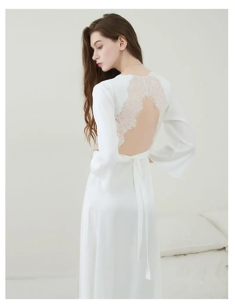 QWEEK Satin Fancy Nightgown Silk Fairy Dress Women Embroidery Lace Sleepwear Vintage Nightie Long Dressing Gown Bride Wedding