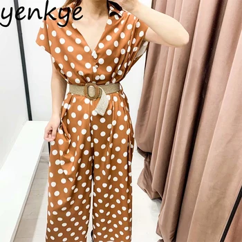 

Vintage Polka Dot Jumpsuit Women V Neck Short Sleeve With Belt Overalls Summer 2020 Casual Long Jumpsuit Plus Size Romper