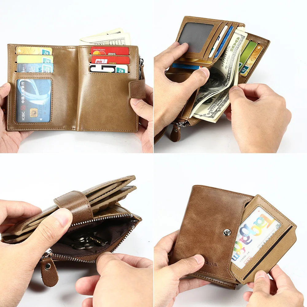 

ManBang Wallet Men Genuine Leather Short Verticle License Verticle Full-grain Leather Multi-Function Card Bag Clip